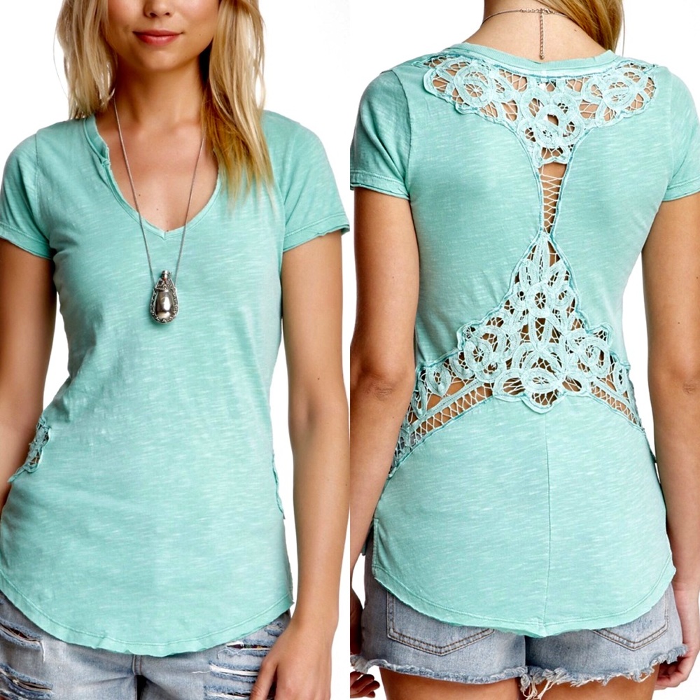 Free People Aqua Crochet Inset Slub Tee Small